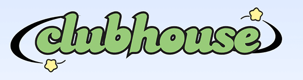 The original Clubhouse wordmark: rounded green letters with a heavy black outline, a swoosh drawn through them and two yellow stars