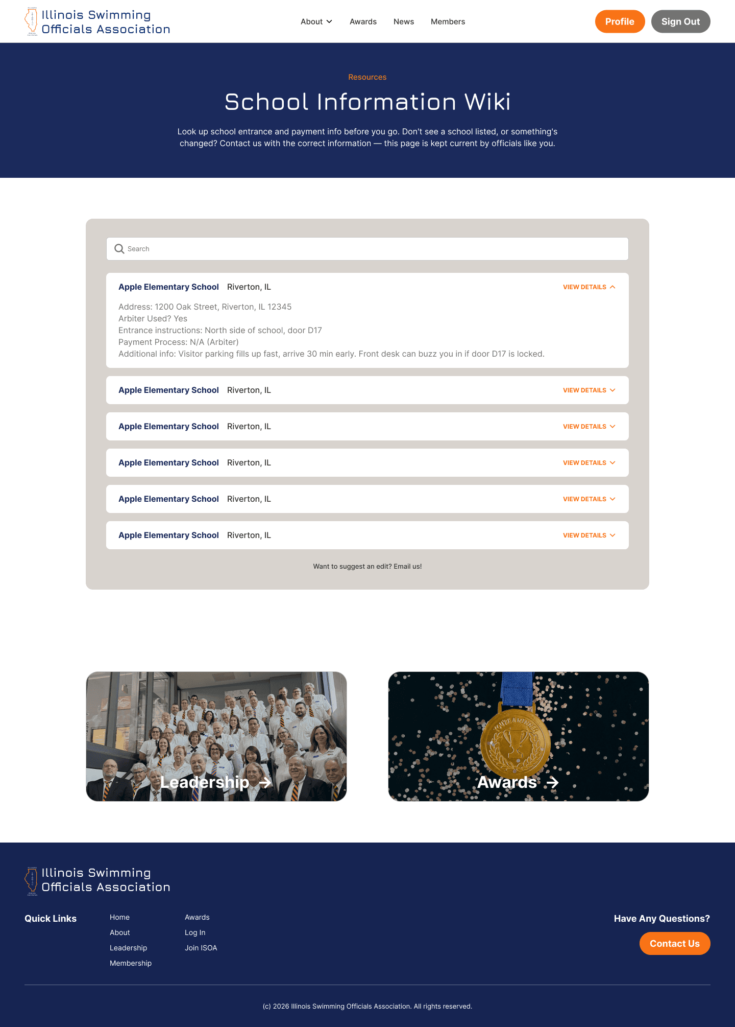 Consolidated School Wiki QA design with searchable expandable school details and email-based edit suggestions