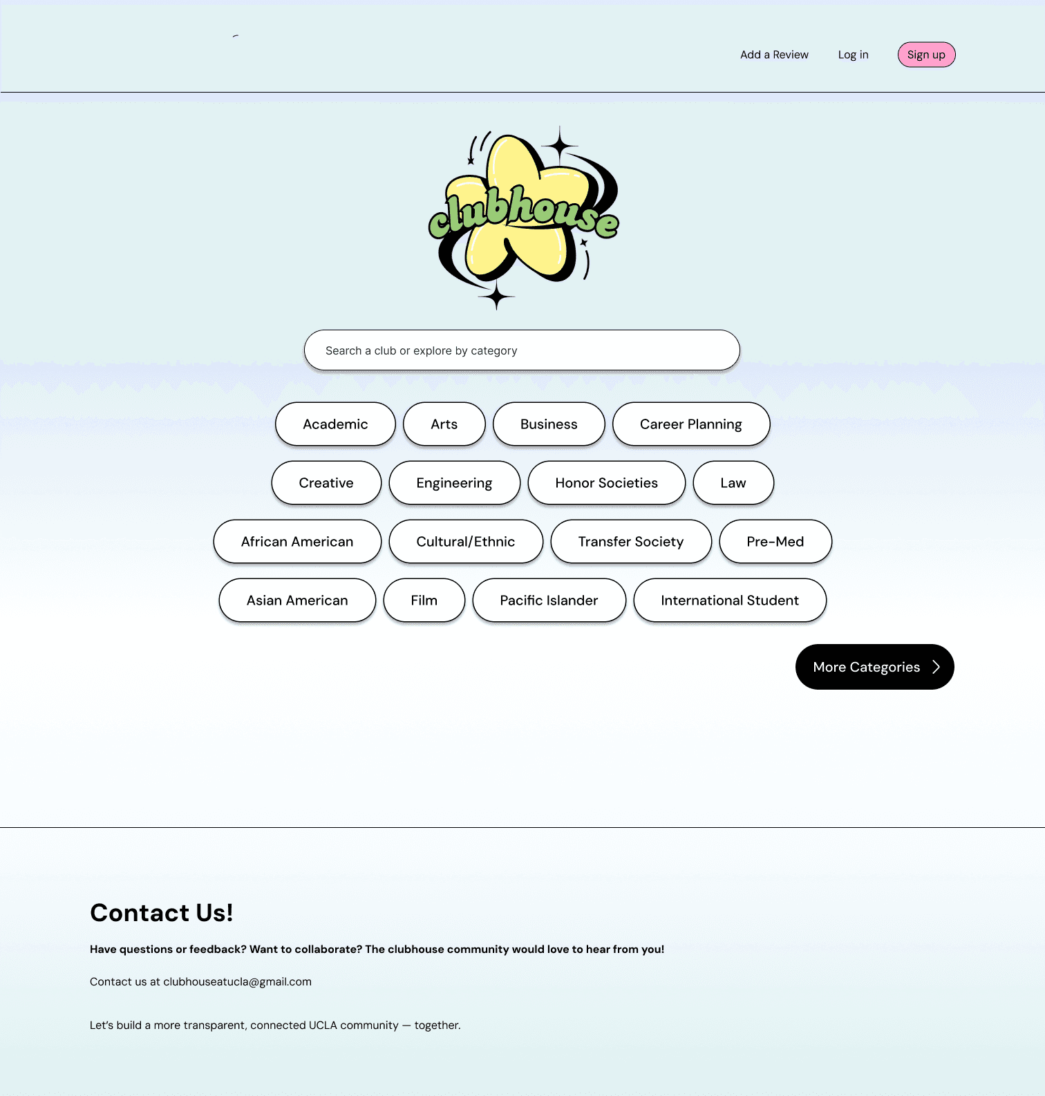 The Clubhouse landing page before the rebrand, on a pale blue ground