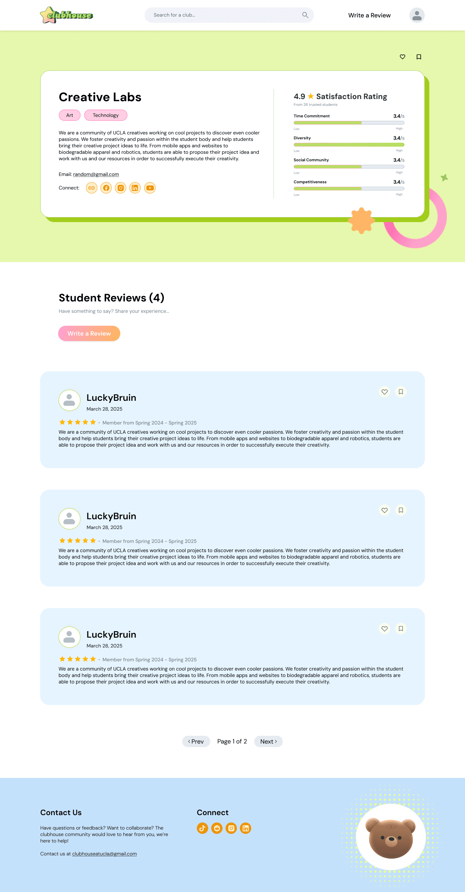 A club page with its rating breakdown and student reviews