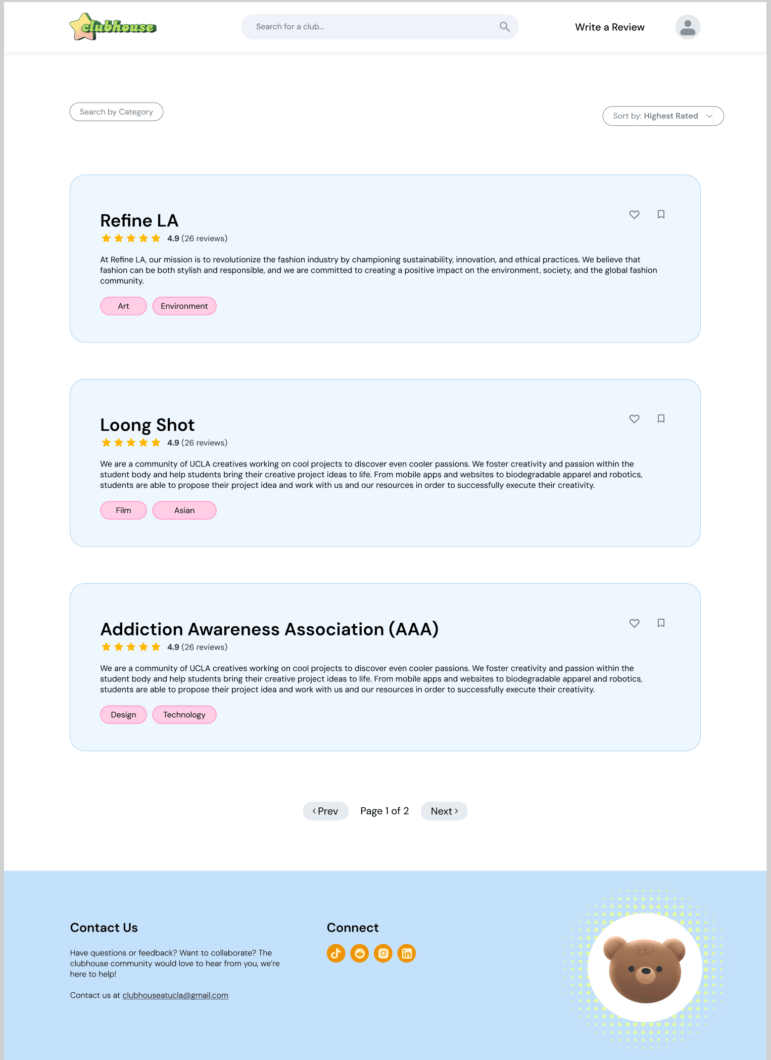 Search results for creative clubs, as a list of cards