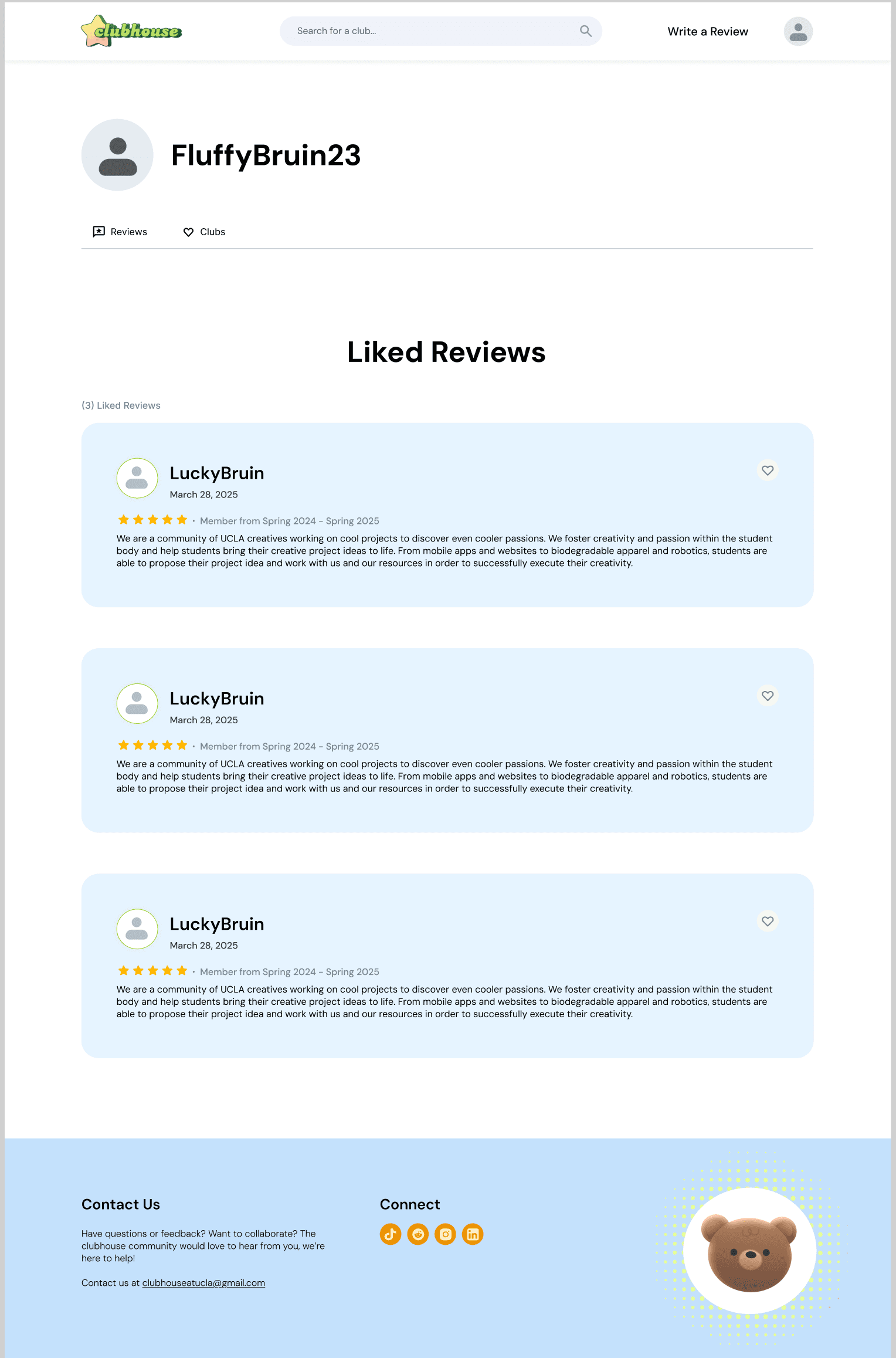 The profile's liked reviews, a list of review cards