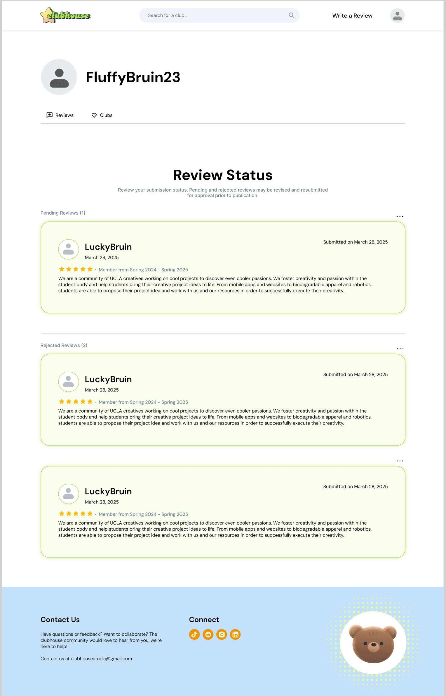 The profile, showing the status of reviews a student has written