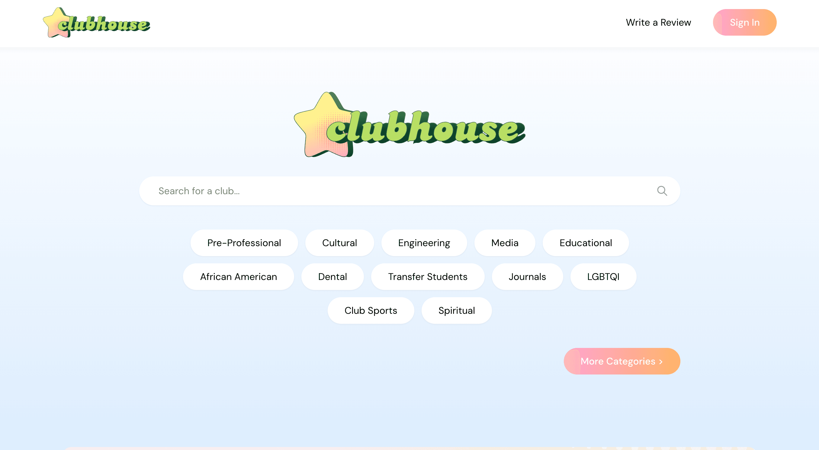 The Clubhouse landing page: the logo, a search field, and rows of club categories
