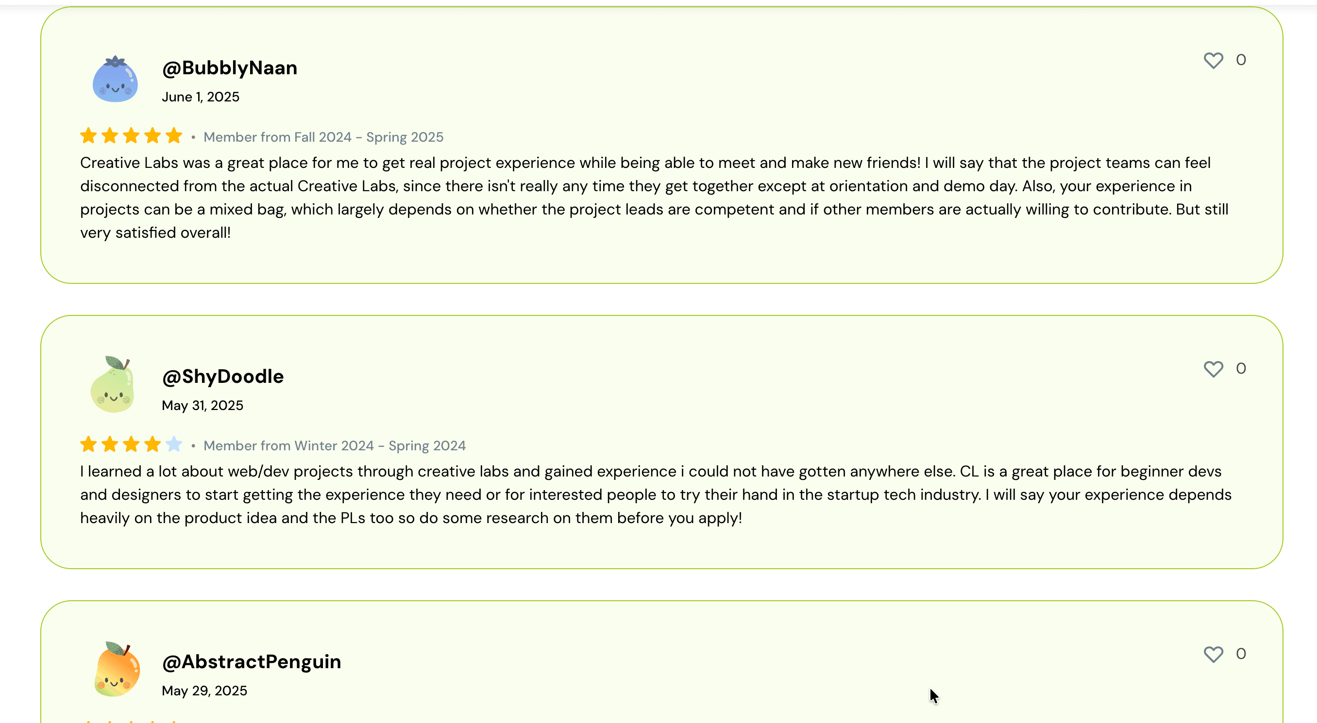 Student reviews of a club, each with a username, a star rating, how long they were a member, and a like count