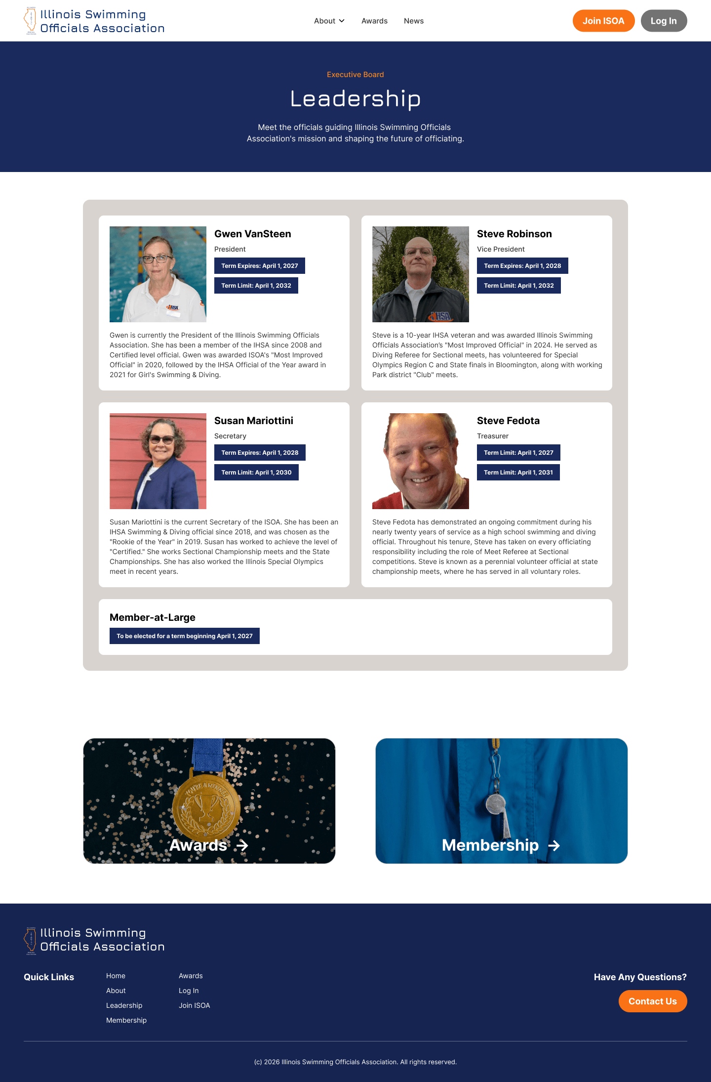 The Leadership page, showing the executive board with their roles and term dates