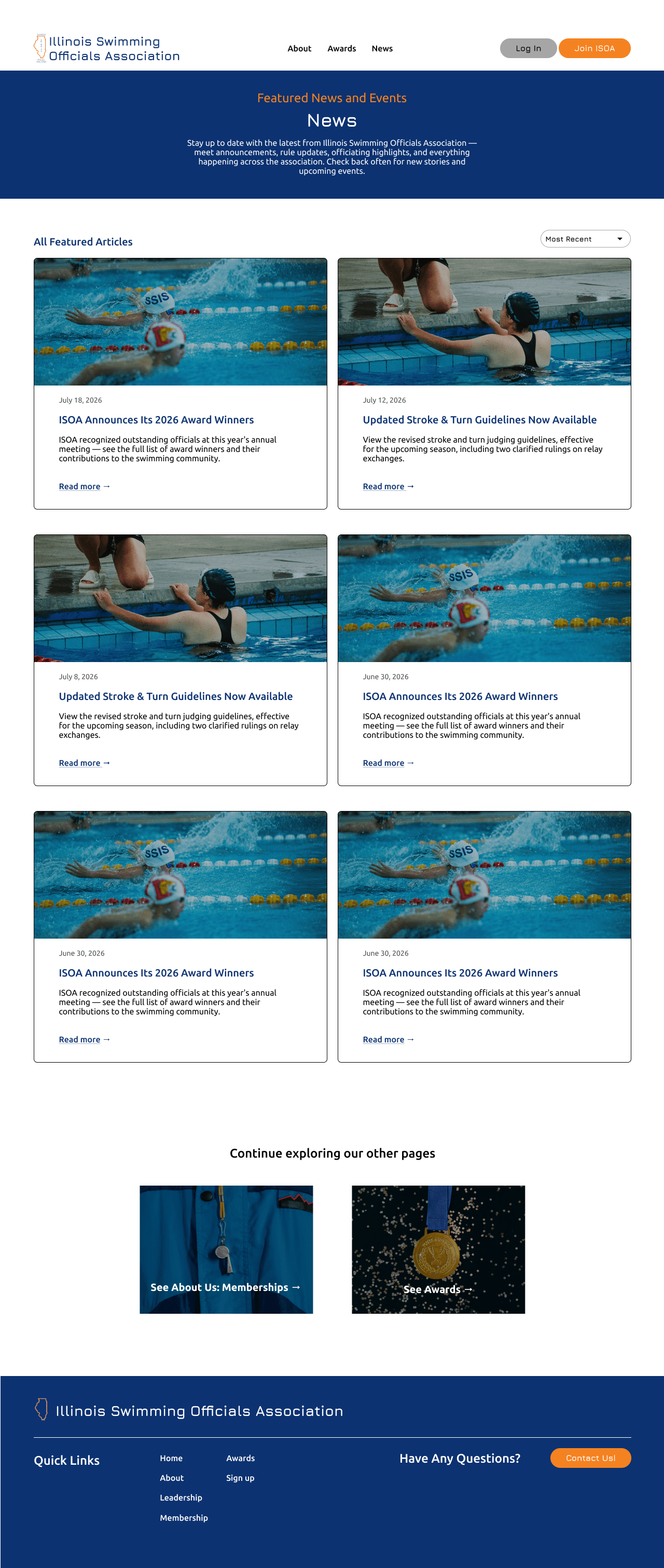 The public news page, listing association articles